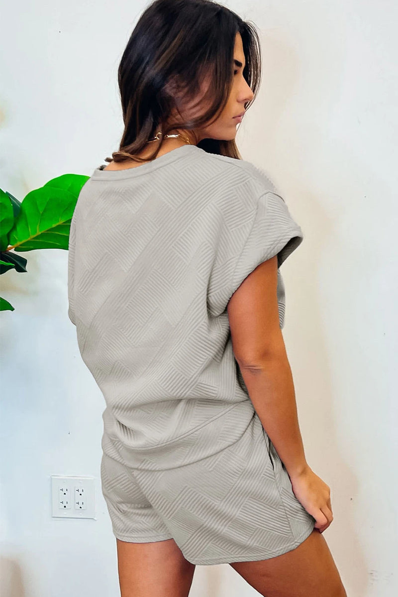 Load image into Gallery viewer, DLLS635 - Ladies Gray Solid Color Textured Loose Top Casual Two Piece Short Set
