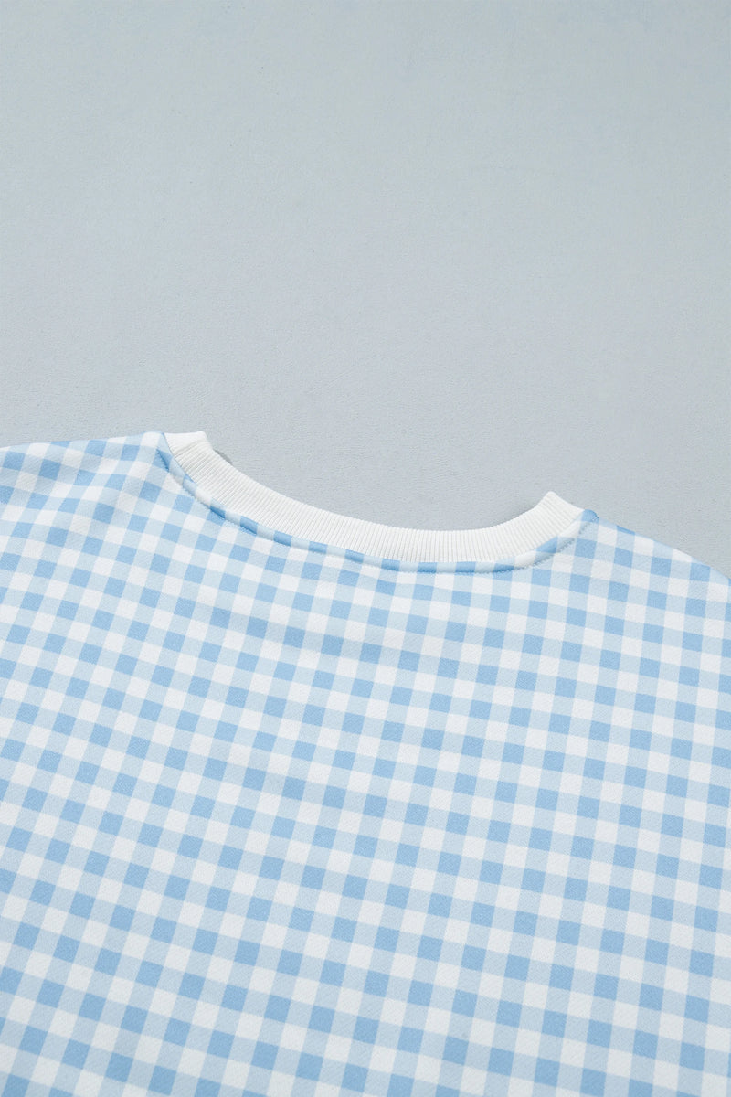 Load image into Gallery viewer, DLLS1081 - Ladies Sky Blue Plaid Baggy Pullover Drawstring Casual Shorts 2pcs Outfit
