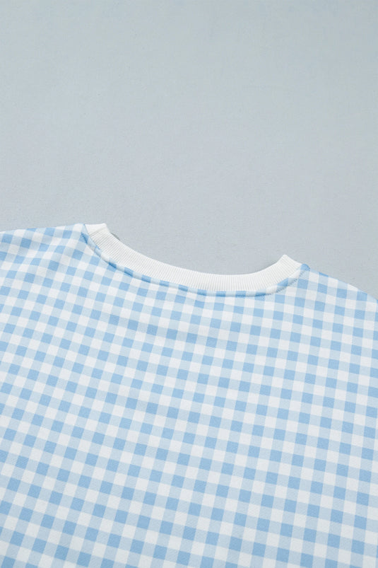 DLLS1081 - Ladies Sky Blue Plaid Baggy Pullover Drawstring Casual Shorts 2pcs Outfit
