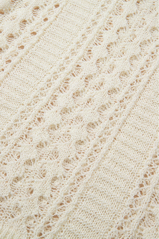 DLLS446 - Ladies White Hollow Out Knit Bracelet Sleeve Drop Shoulder Sweater