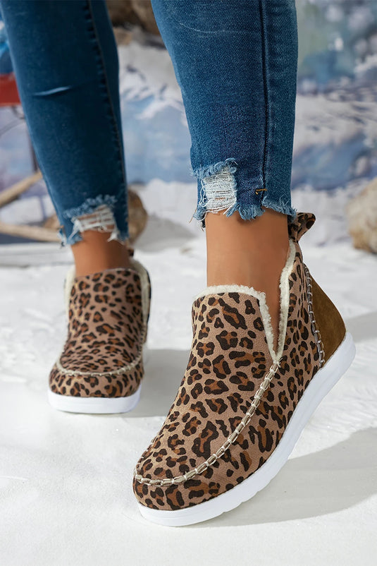 DLLSHOE 124 - Brown Leopard Print Ankle Patched Flat Winter Fur Boots