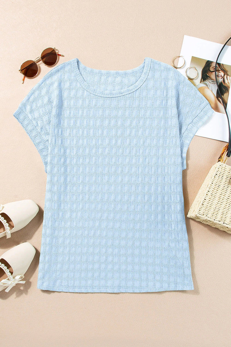 Load image into Gallery viewer, DLLS478 - Ladies Sky Blue Solid Color Textured Batwing Sleeve Tee
