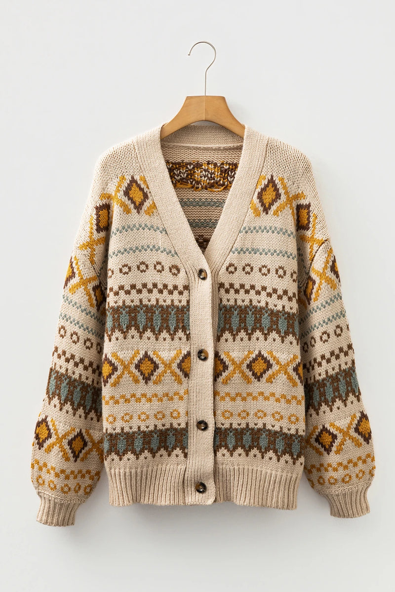 Load image into Gallery viewer, DLLS165 - Ladies Khaki Western Pattern Knitted Button V Neck Cardigan Sweater
