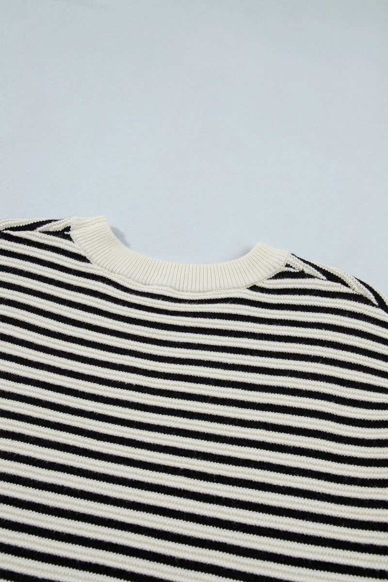 Load image into Gallery viewer, DLLS1082 - Ladies Black Stripe Ribbed Trim Drop Shoulder Oversized Sweater
