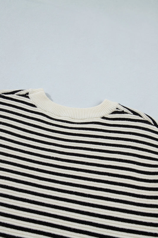 DLLS1082 - Ladies Black Stripe Ribbed Trim Drop Shoulder Oversized Sweater