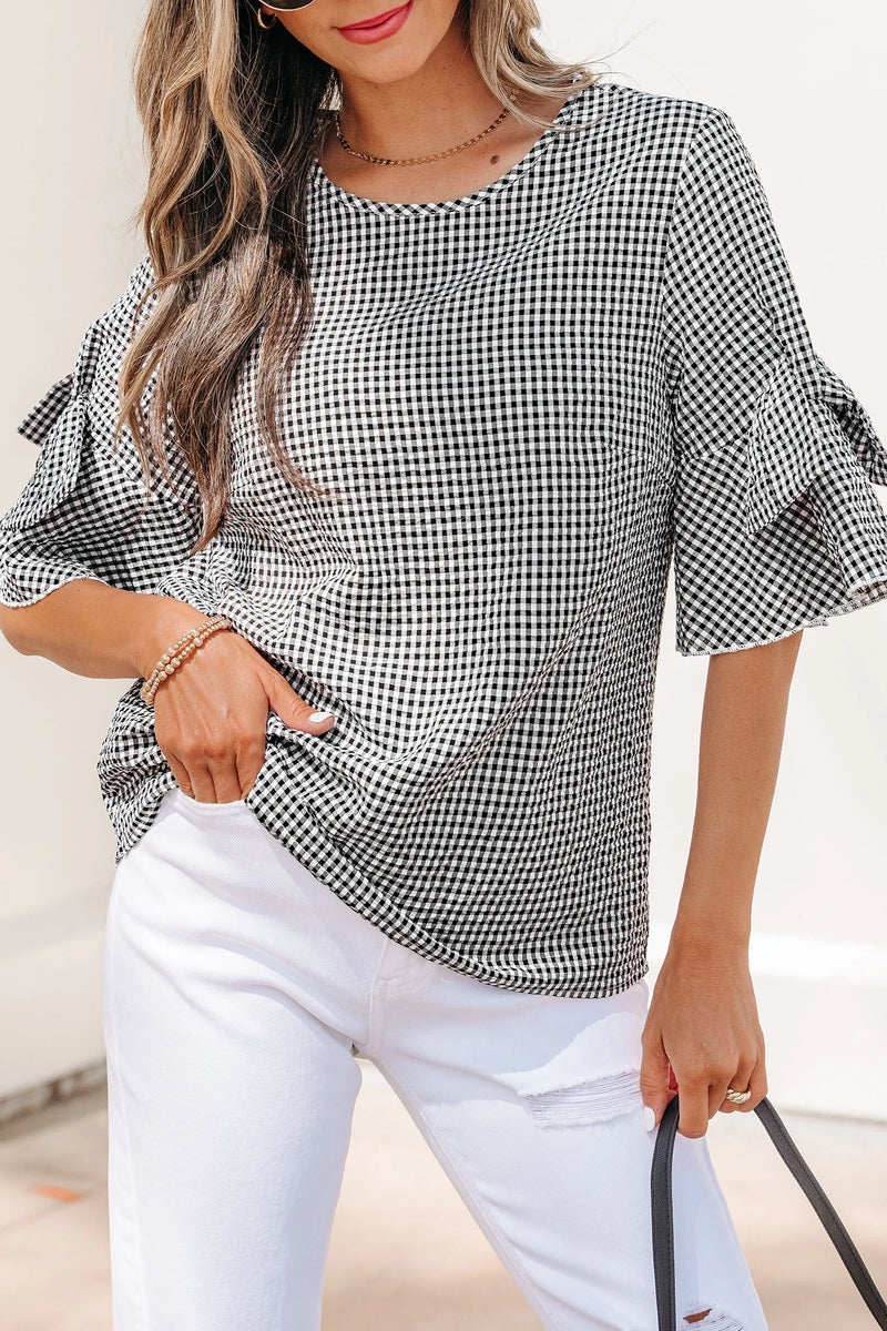 Load image into Gallery viewer, DLLS632 - Ladies Black Plaid Bow Ruffled Half Sleeve Round Neck Blouse
