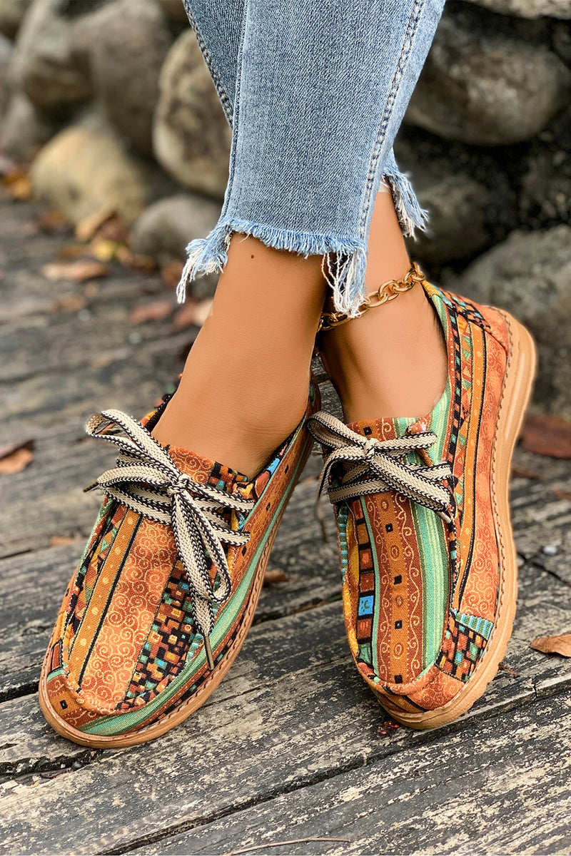 Load image into Gallery viewer, DLLSHOE 6 - Mustard Ethnic Artistic Print Lace-Up Detail Comfort Loafer Shoes
