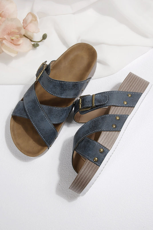 DLLSHOE 120 - Sail Blue Faux Suede PU Leather Strappy Cutout Retro Slippers