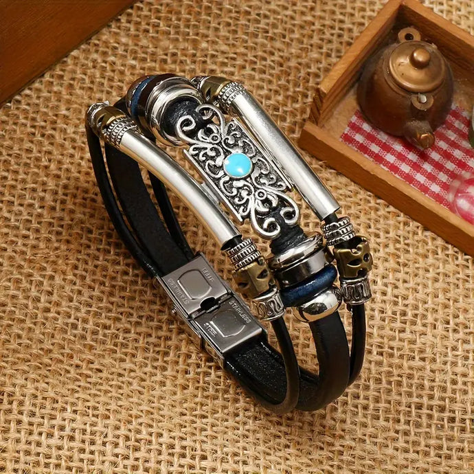 TMBC36 - Leather Woven Bracelet with Gemstone Accents