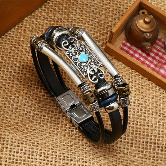 TMBC36 - Leather Woven Bracelet with Gemstone Accents