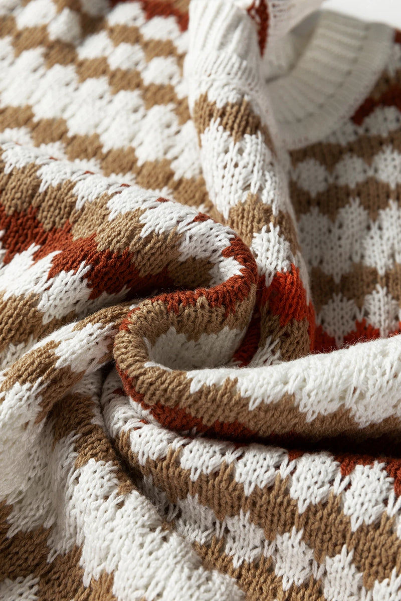 Load image into Gallery viewer, DLLS300 - Ladies Brown Stripe Eyelet Patterned Drop Shoulder Sweater
