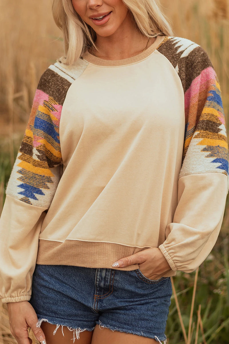 Load image into Gallery viewer, DLLS749 - Ladies Light French Beige Aztec Patchwork Raglan Pullover Sweatshirt
