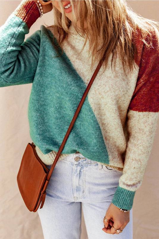 DLLS317 - Ladies Multicolor Colorblock Ribbed Trim Round Neck Sweater