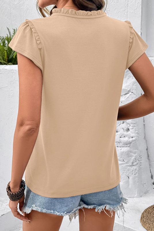 DLLS707 - Ladies Oatmeal Sheer Lace Splicing Split Neck Ruffle Short Sleeve Blouse