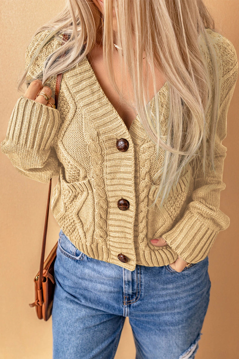 Load image into Gallery viewer, DLLS276 - Ladies Beige Front Pockets Buttons Textured Cardigan
