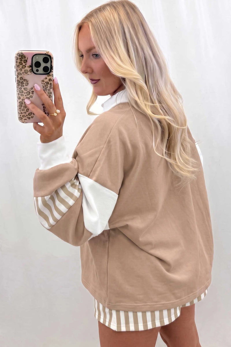 Load image into Gallery viewer, DLLS1102 - Ladies Smoke Gray Striped Color Block Pullover Top Drawstring Shorts Set
