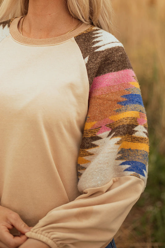 DLLS749 - Ladies Light French Beige Aztec Patchwork Raglan Pullover Sweatshirt