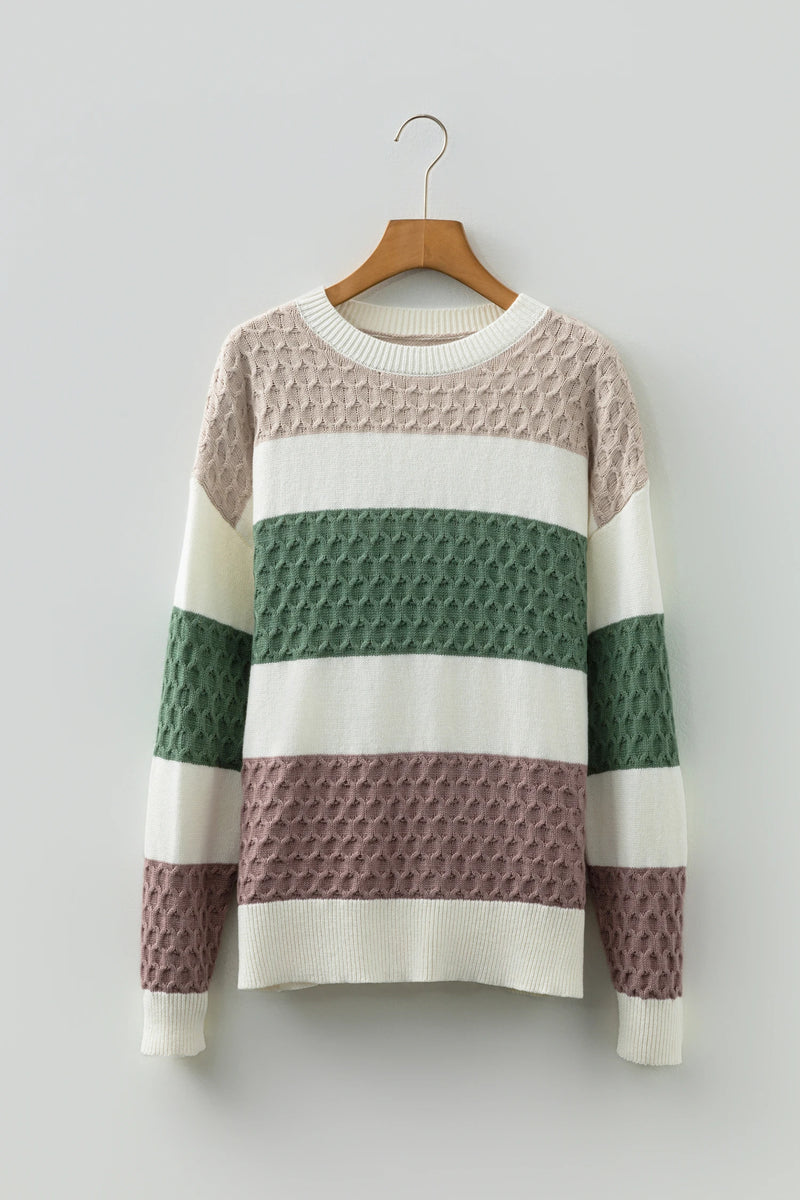 Load image into Gallery viewer, DLLS336 - Ladies Green Mixed Texture Knit Striped Color Block Loose Sweater
