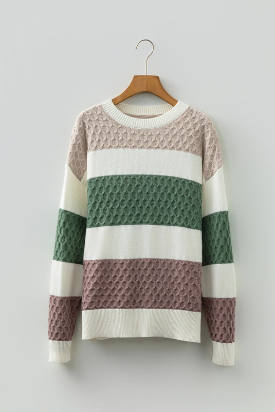 DLLS336 - Ladies Green Mixed Texture Knit Striped Color Block Loose Sweater