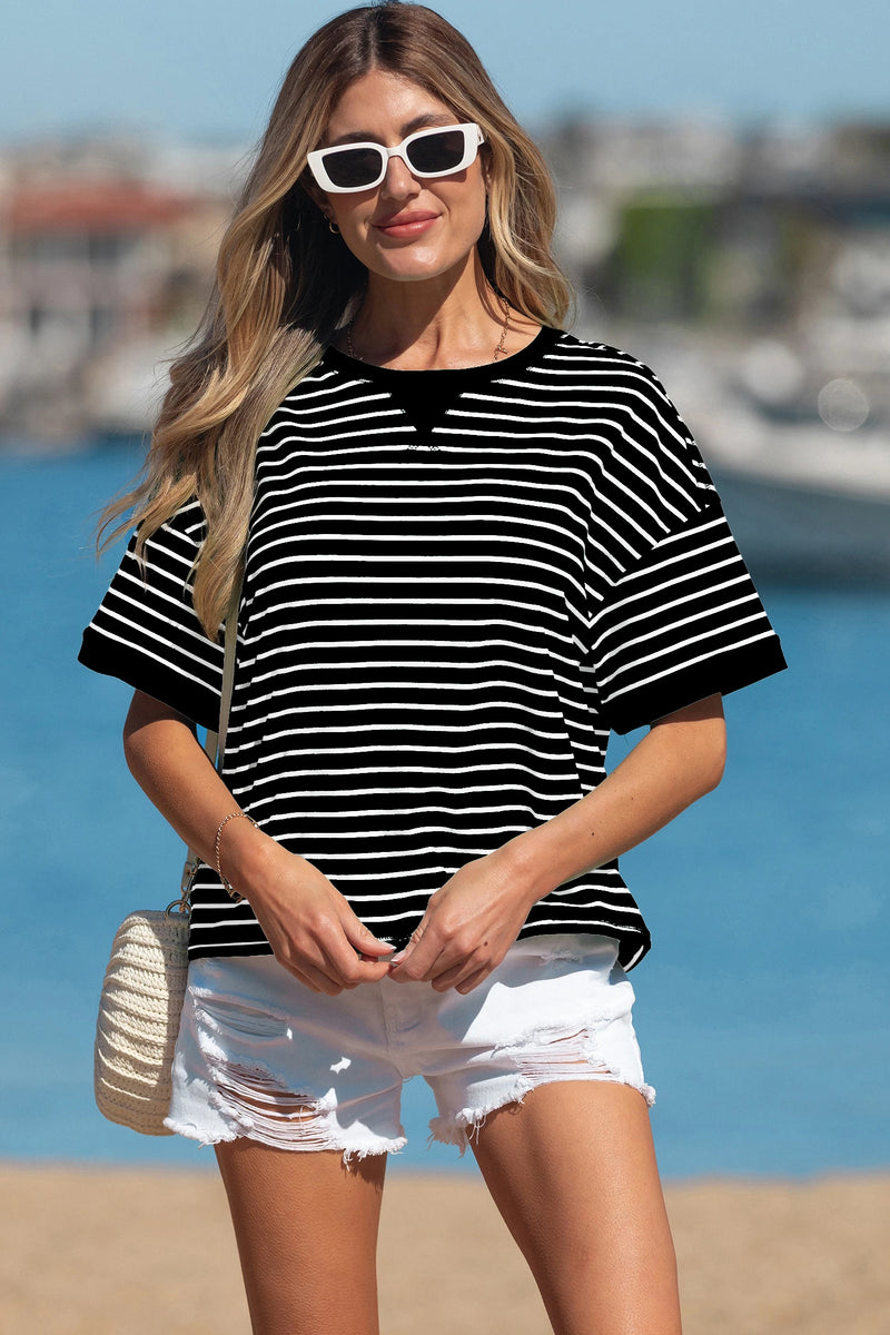 Load image into Gallery viewer, DLLS593 - Ladies Black Stripe Ribbed Patchwork Seam Detail Half Sleeve Tee
