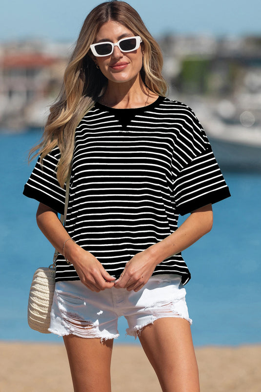 DLLS593 - Ladies Black Stripe Ribbed Patchwork Seam Detail Half Sleeve Tee