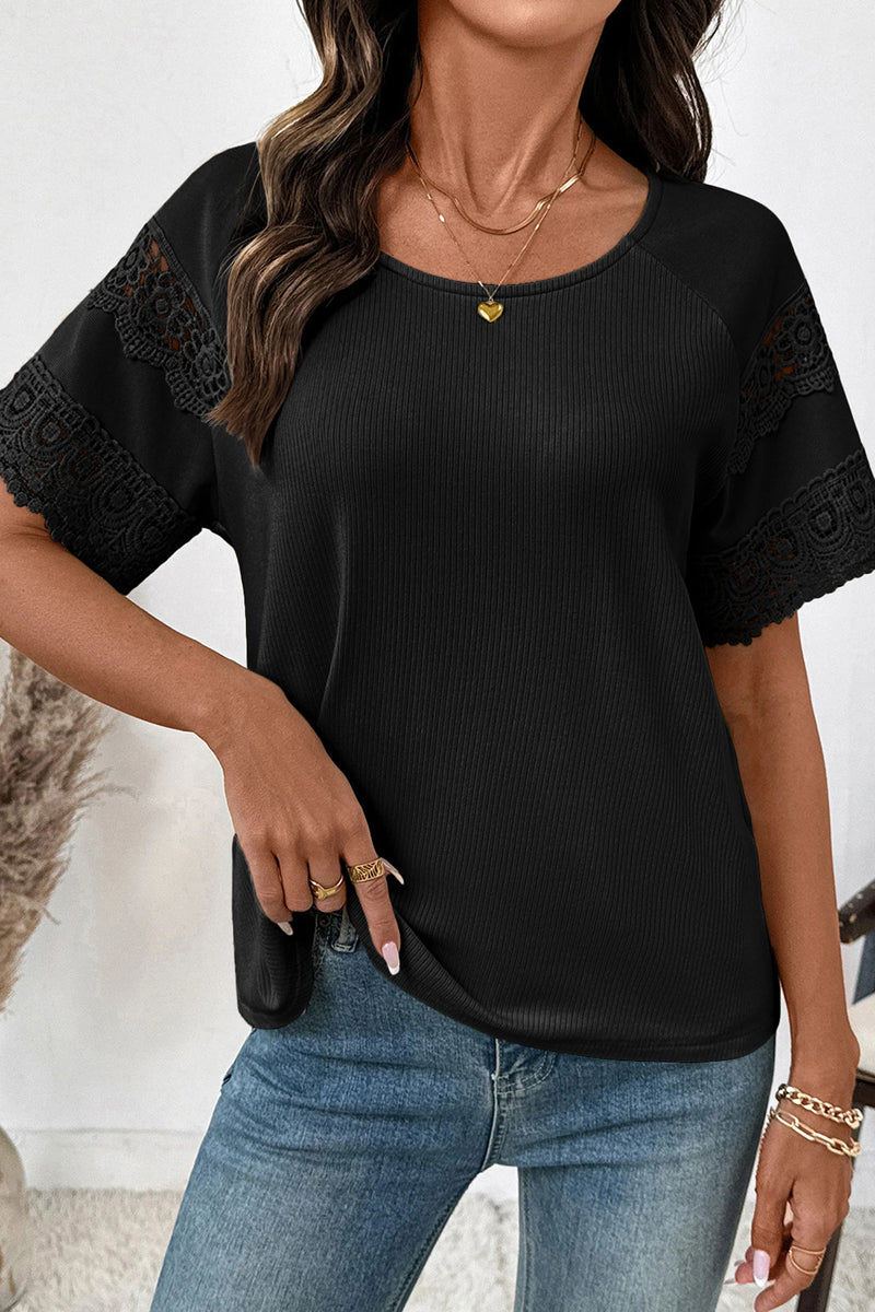 Load image into Gallery viewer, DLLS704 - Ladies Black Ribbed Lace Patchwork Short Sleeve Top
