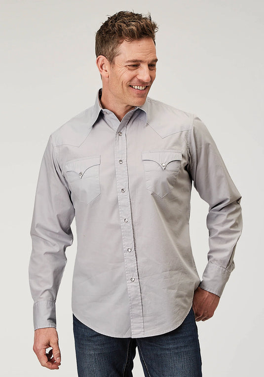 03-001-0060-0324 GY - Roper Men's Long Sleeve Snap Solid Poplin Grey Western Shirt