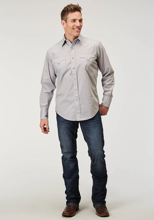 03-001-0060-0324 GY - Roper Men's Long Sleeve Snap Solid Poplin Grey Western Shirt