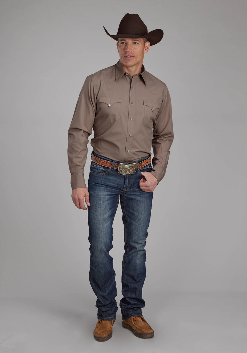 Load image into Gallery viewer, 03-001-0060-0612 BR - Roper Men's Long Sleeve Snap Solid Poplin Stone Western Shirt
