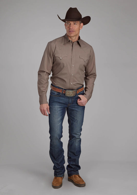 03-001-0060-0612 BR - Roper Men's Long Sleeve Snap Solid Poplin Stone Western Shirt