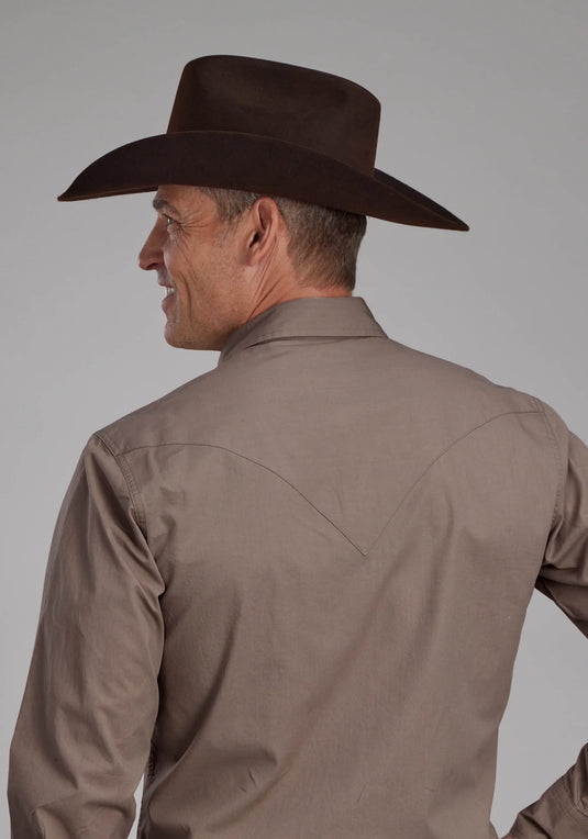 03-001-0060-0612 BR - Roper Men's Long Sleeve Snap Solid Poplin Stone Western Shirt