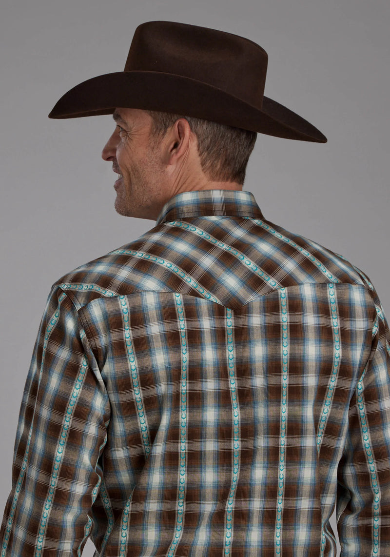 Load image into Gallery viewer, 03-001-0062-0690 BR - Roper Men's Horseshoe Dobby Long Sleeve Snap Western Shirt
