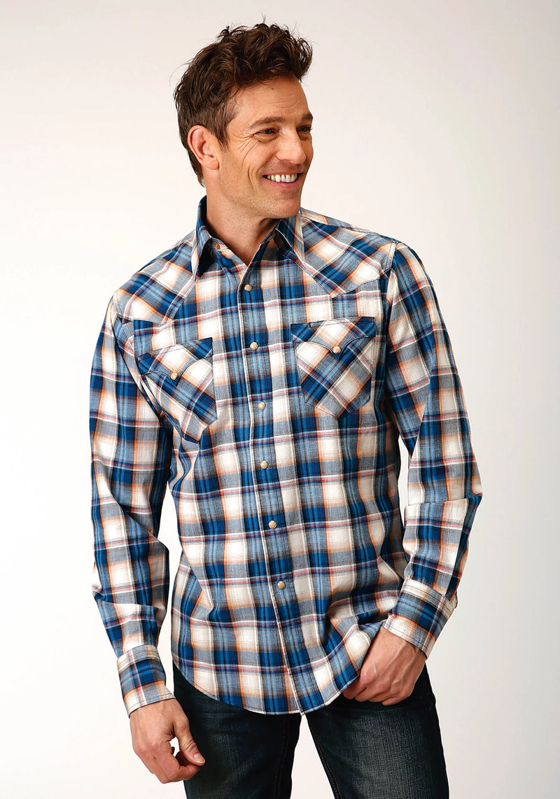 Load image into Gallery viewer, 03-001-0062-0754 BU - Roper Men's Long Sleeve Snap Denim Plaid Western Shirt
