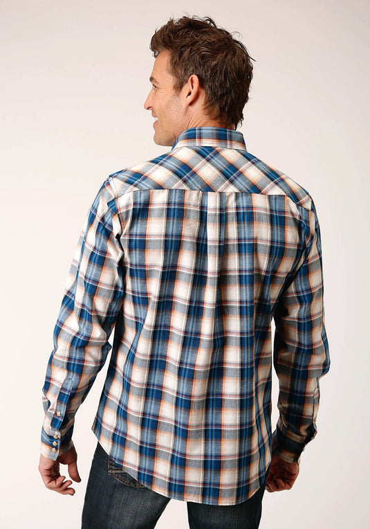 03-001-0062-0754 BU - Roper Men's Long Sleeve Snap Denim Plaid Western Shirt