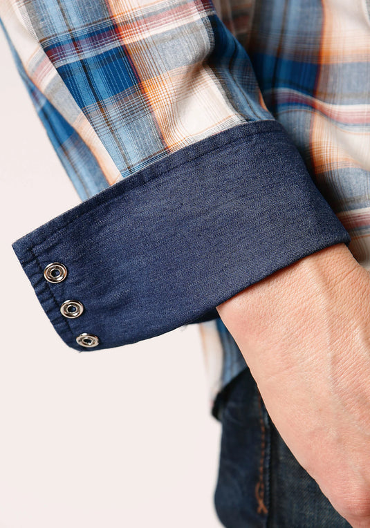 03-001-0062-0754 BU - Roper Men's Long Sleeve Snap Denim Plaid Western Shirt