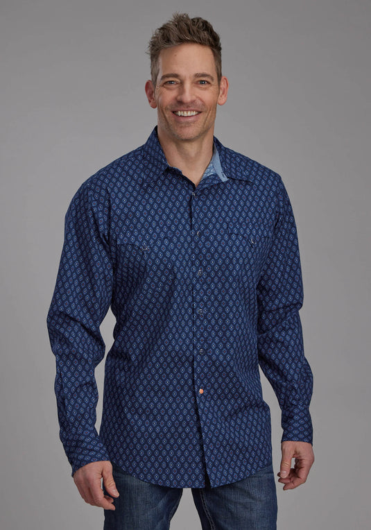 03-001-0064-0634 BU - Roper Men's Aztec Print Long Sleeve Snap Western Shirt