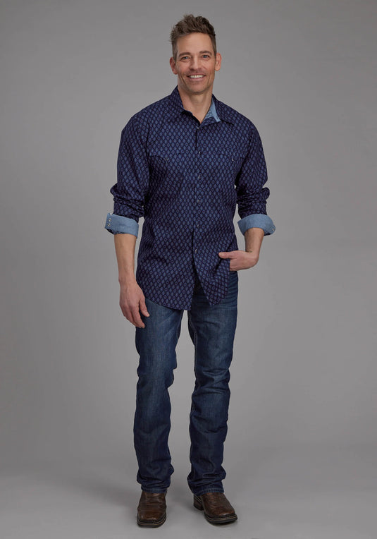 03-001-0064-0634 BU - Roper Men's Aztec Print Long Sleeve Snap Western Shirt