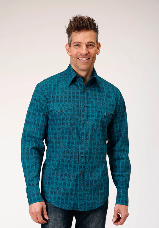 03-001-0067-0101 GR - Roper Men's Long Sleeve Snap Tiles Print Western Shirt
