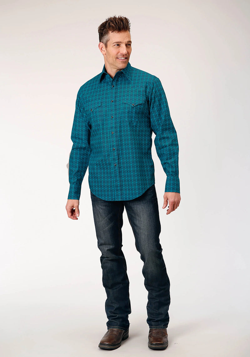 Load image into Gallery viewer, 03-001-0067-0101 GR - Roper Men's Long Sleeve Snap Tiles Print Western Shirt
