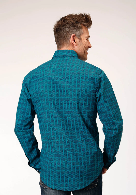 03-001-0067-0101 GR - Roper Men's Long Sleeve Snap Tiles Print Western Shirt