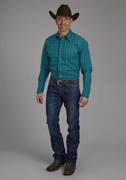 03-001-0068-0638 BU - Roper Men's Micro Aztec Print Long Sleeve Snap Western Shirt