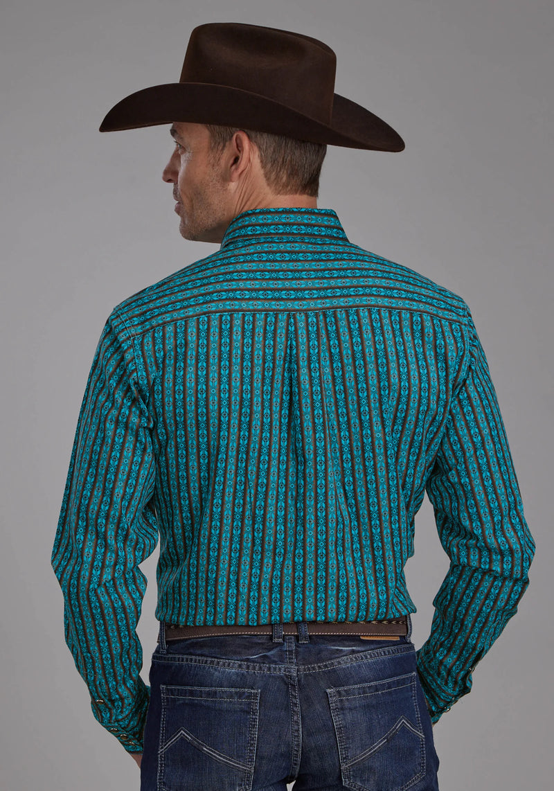 Load image into Gallery viewer, 03-001-0068-0638 BU - Roper Men's Micro Aztec Print Long Sleeve Snap Western Shirt
