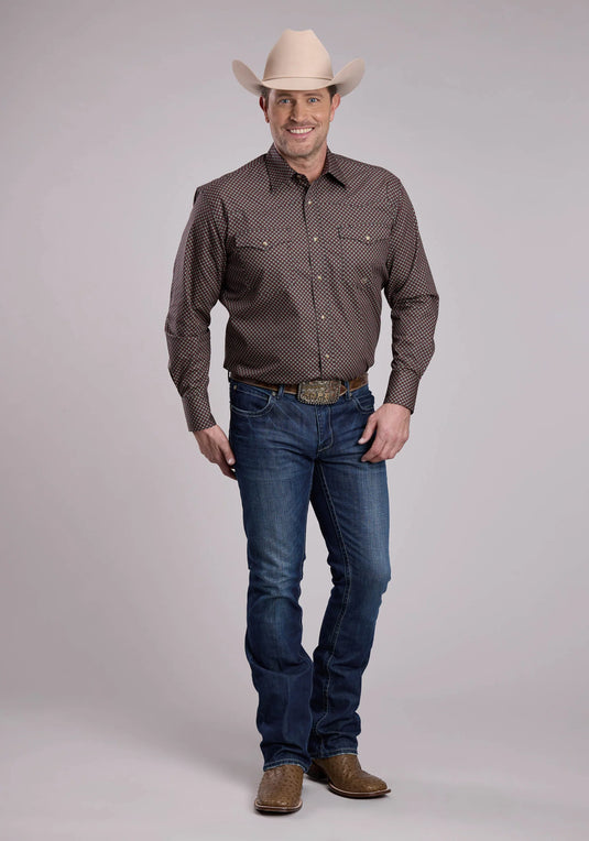 03-001-0225-1019 BL - Roper Men's Long Sleeve Snap Red Star Geo Western Shirt