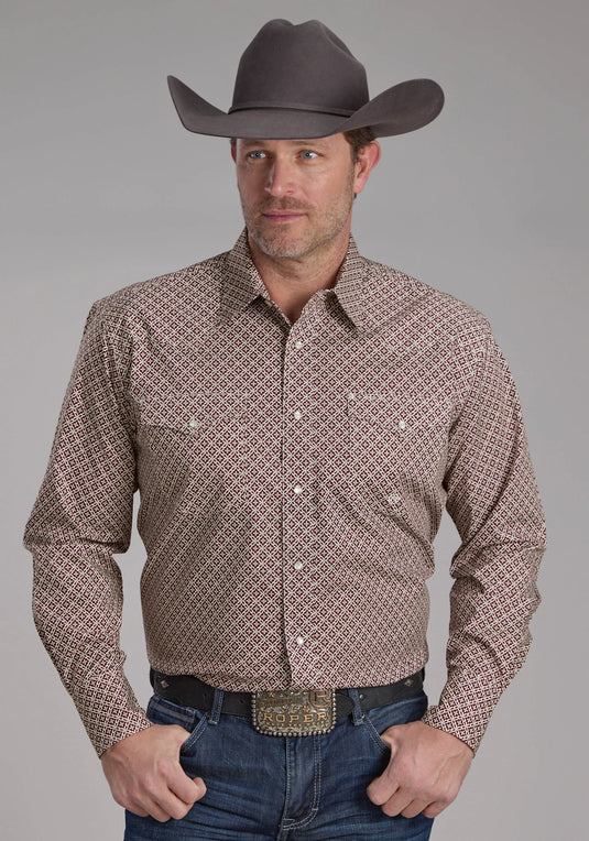03-001-0225-1101 WI - Roper Men's Stretch Four Point Foulard Wine Long Sleeve Snap Western Shirt