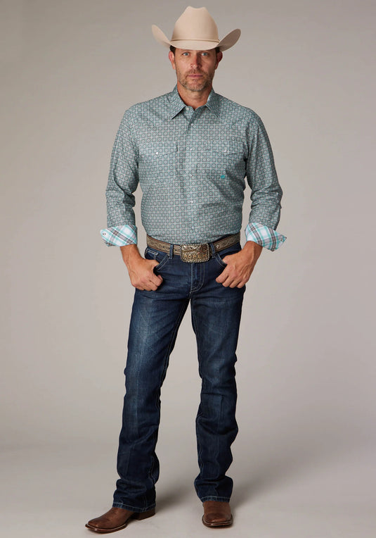 03-001-0225-4030 GY - Roper Men's Long Sleeve Snap Silver Spring Foulard Western Shirt