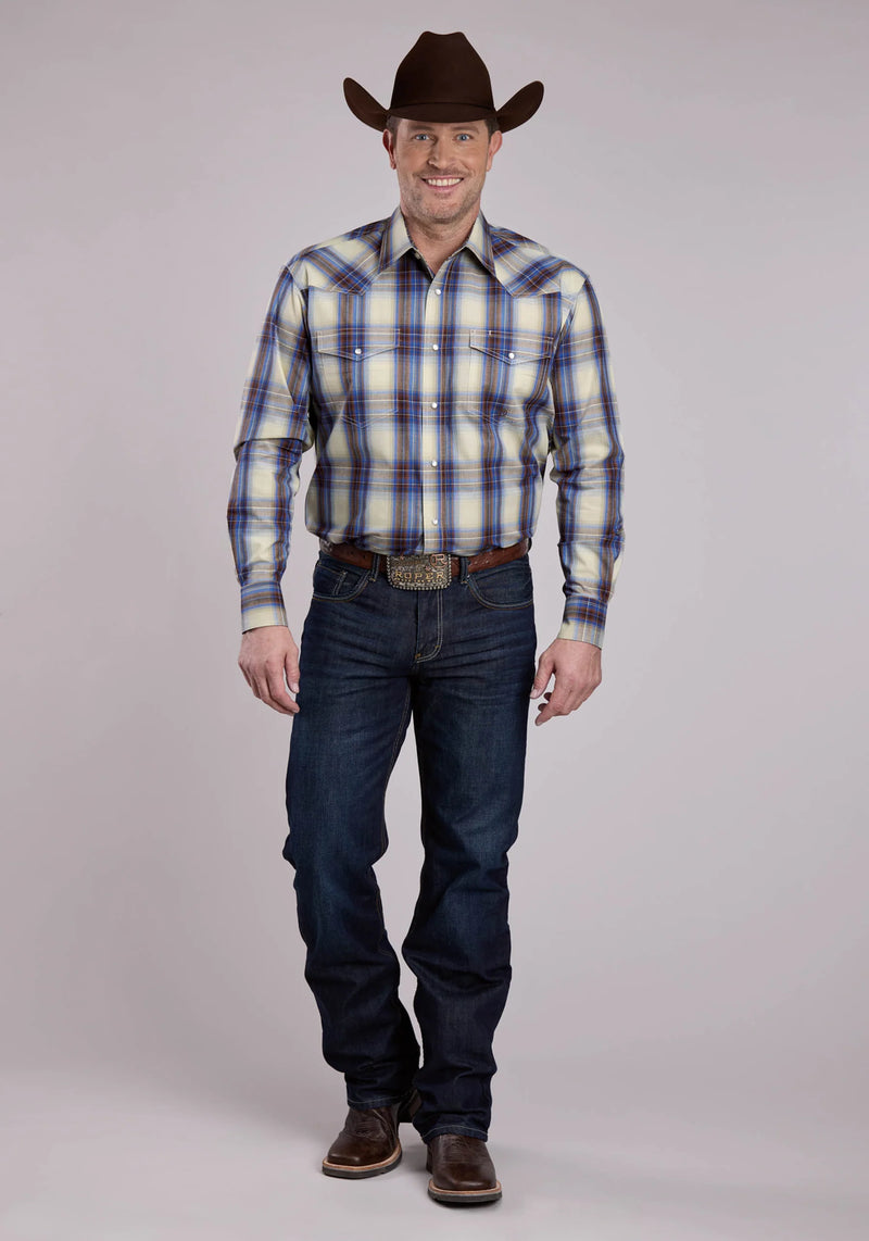 Load image into Gallery viewer, 03-001-0278-1058 BU - Roper Men's Long Sleeve Snap Open Window Plaid Western Shirt
