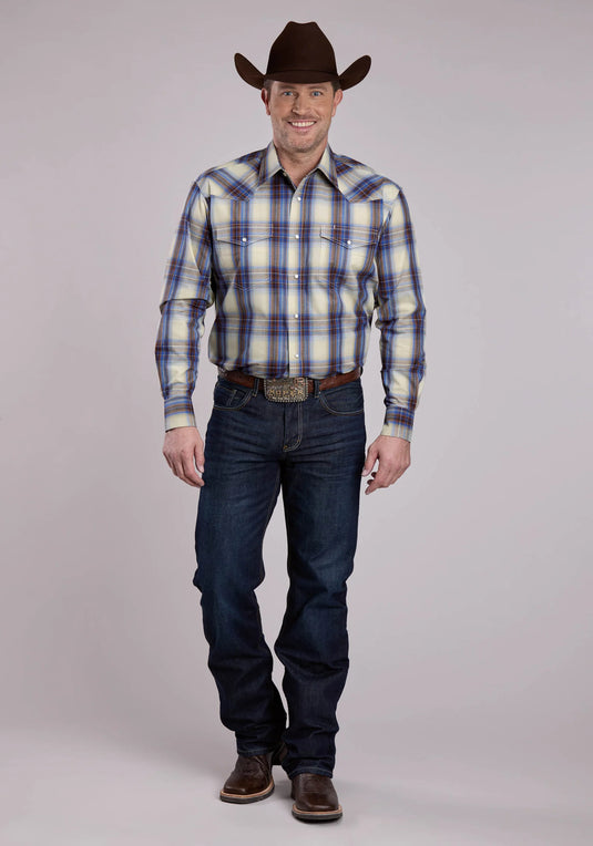 03-001-0278-1058 BU - Roper Men's Long Sleeve Snap Open Window Plaid Western Shirt