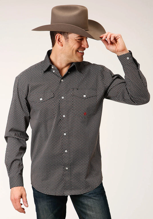 03-001-0325-6009 GR - Roper Men's Long Sleeve Button Diamond Neat Olive Western Shirt