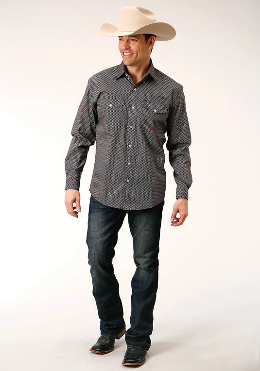03-001-0325-6009 GR - Roper Men's Long Sleeve Button Diamond Neat Olive Western Shirt