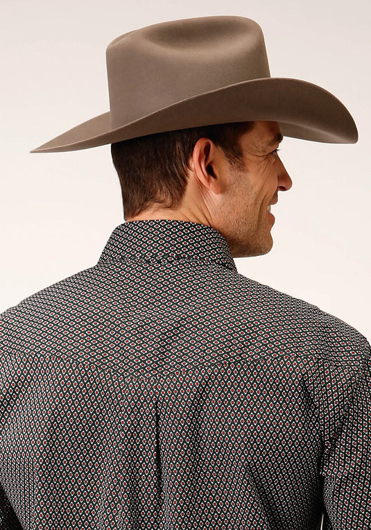 03-001-0325-6009 GR - Roper Men's Long Sleeve Button Diamond Neat Olive Western Shirt